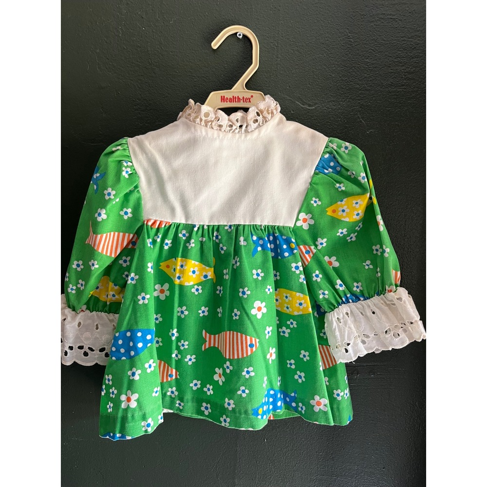 Vintage 70s Bear Hug Genesco Green Fish Floral Eyelet Lace Baby Girl Dress 2-4T